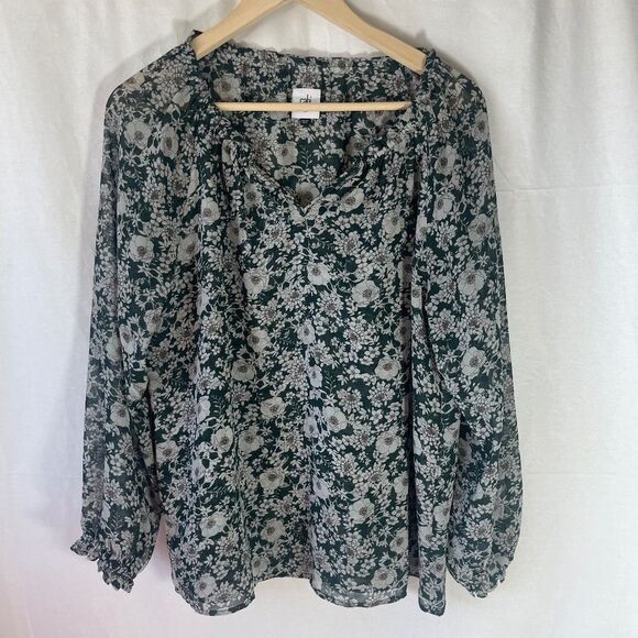 CAbi Green Floral Boho Flowy Peasant Blouse Style 3765 Sz XS - Picture 3 of 8